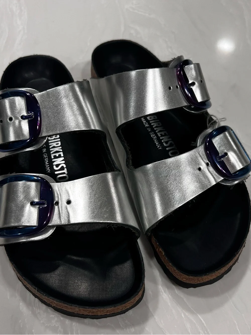 Birkenstock Arizona Big Buckle Slide Sandals Silver Metallic Leather Women's 37